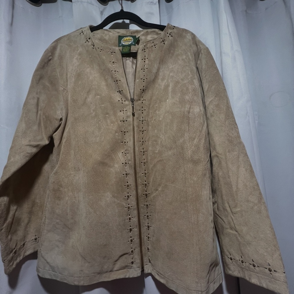 Cabela’s Tan Genuine Leather Zip Jacket Cutout Stud Detail Women’s Medium - Picture 3 of 8